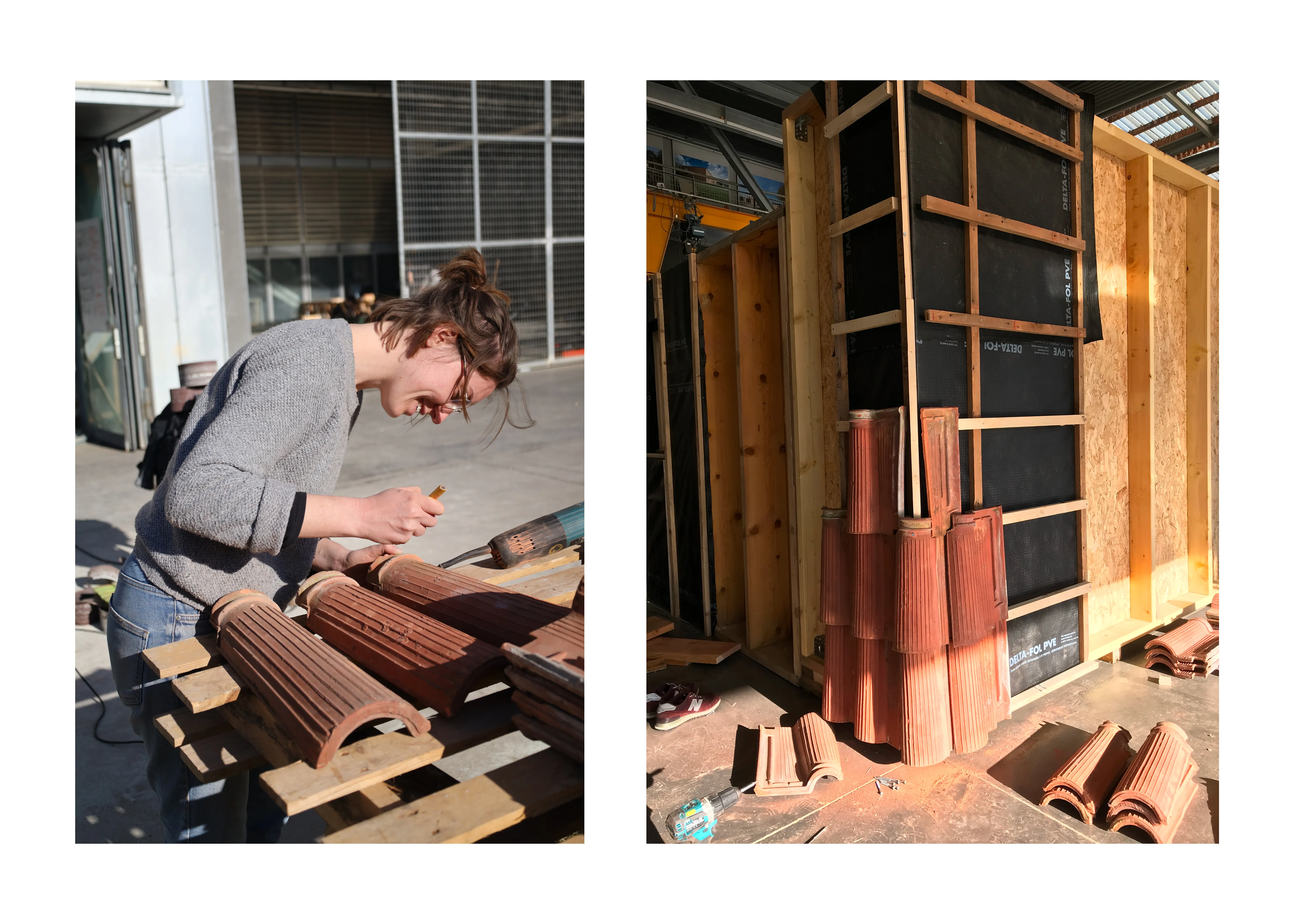 Sanding a tile and fitting tiles as cladding on a timber frame