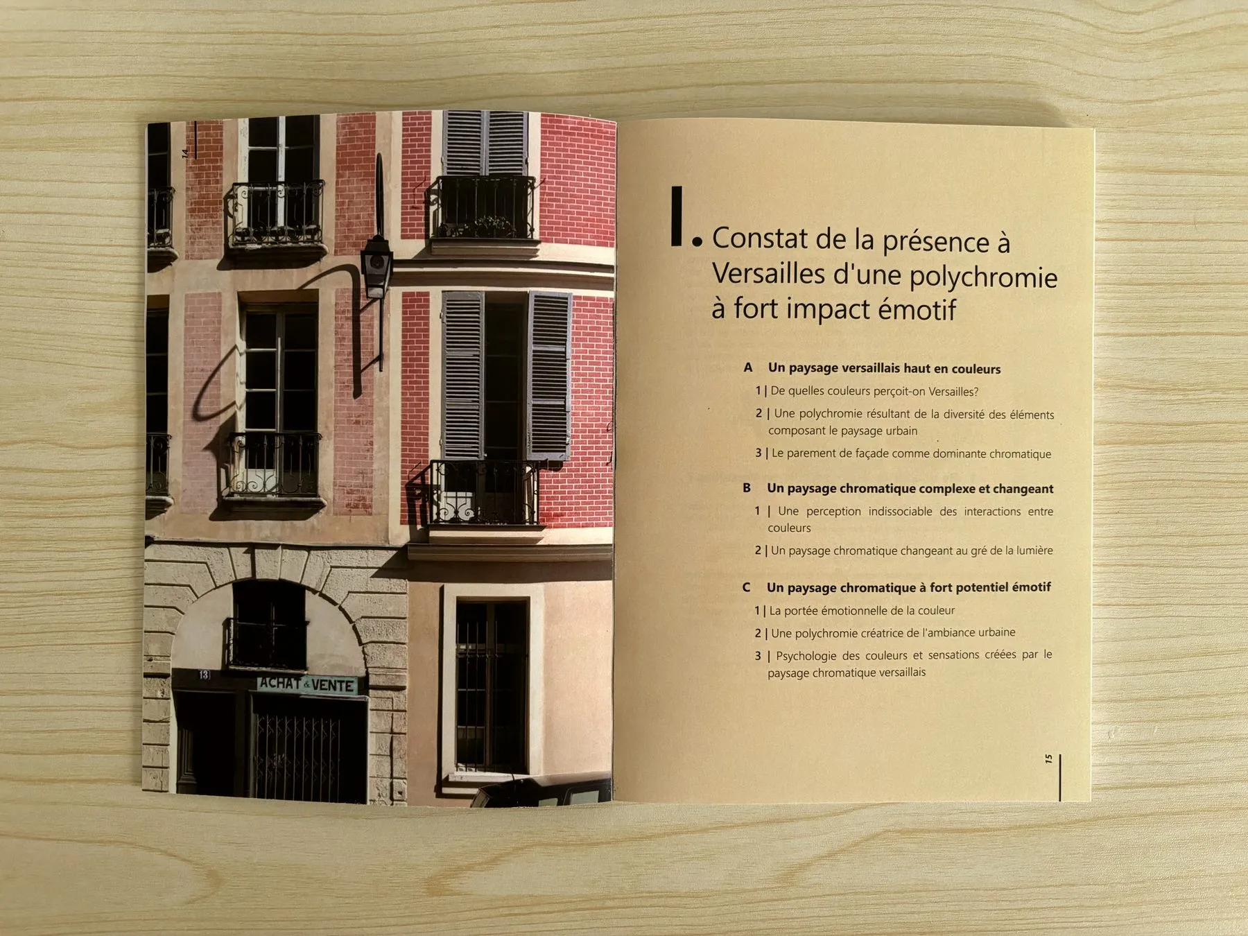 Spread: pastel façades of old Versailles and the introduction — the finding of a polychromy with strong emotional impact