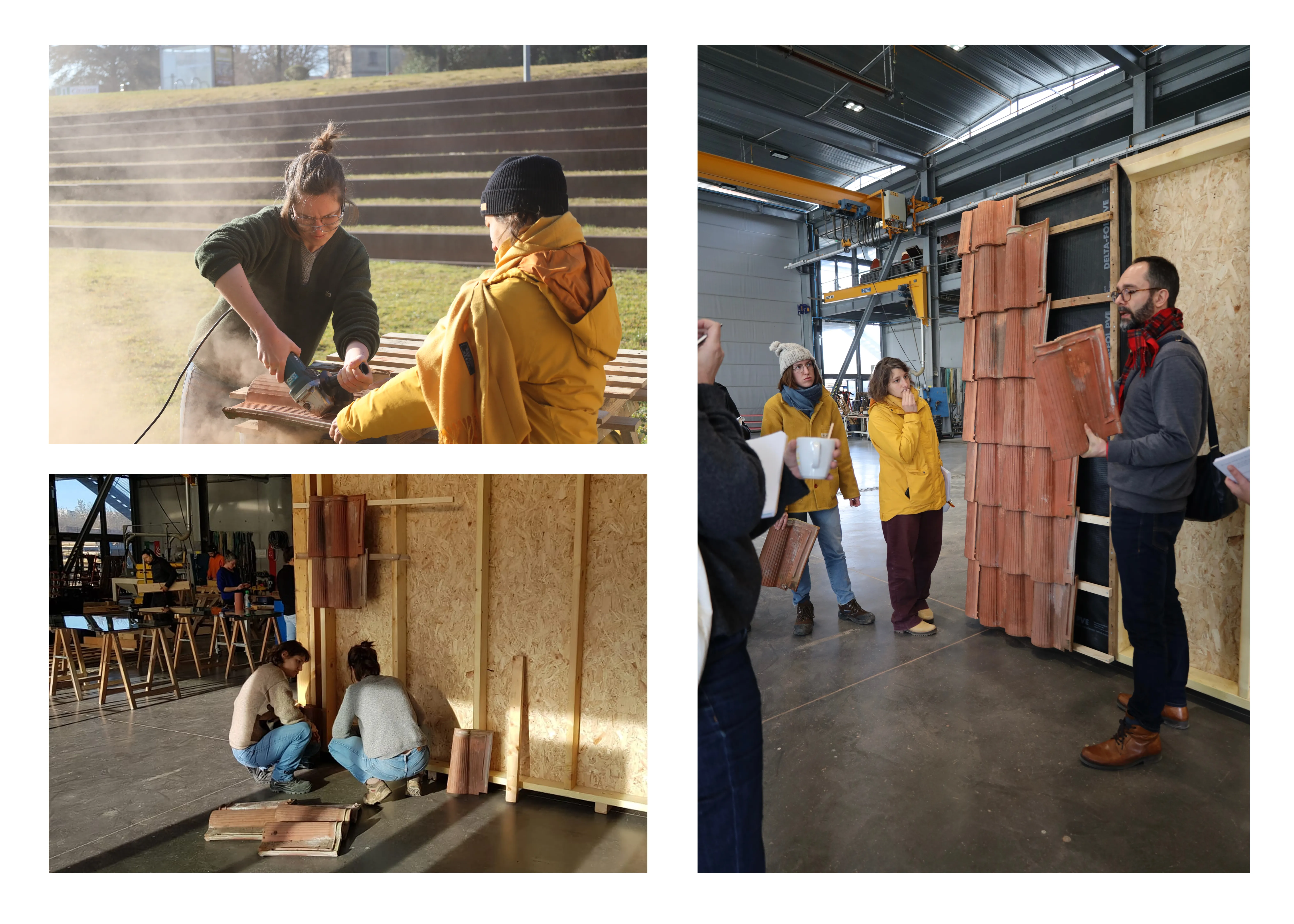 Cutting and fitting tiles in the workshop, a debrief in front of the cladding wall