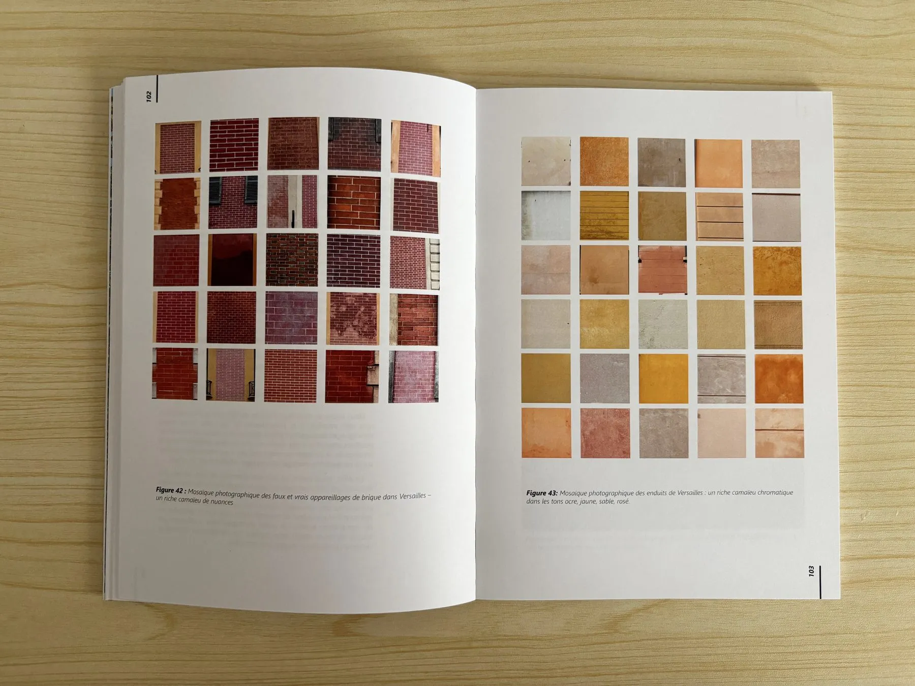 Spread: sample boards of materials and colors recorded from the façades