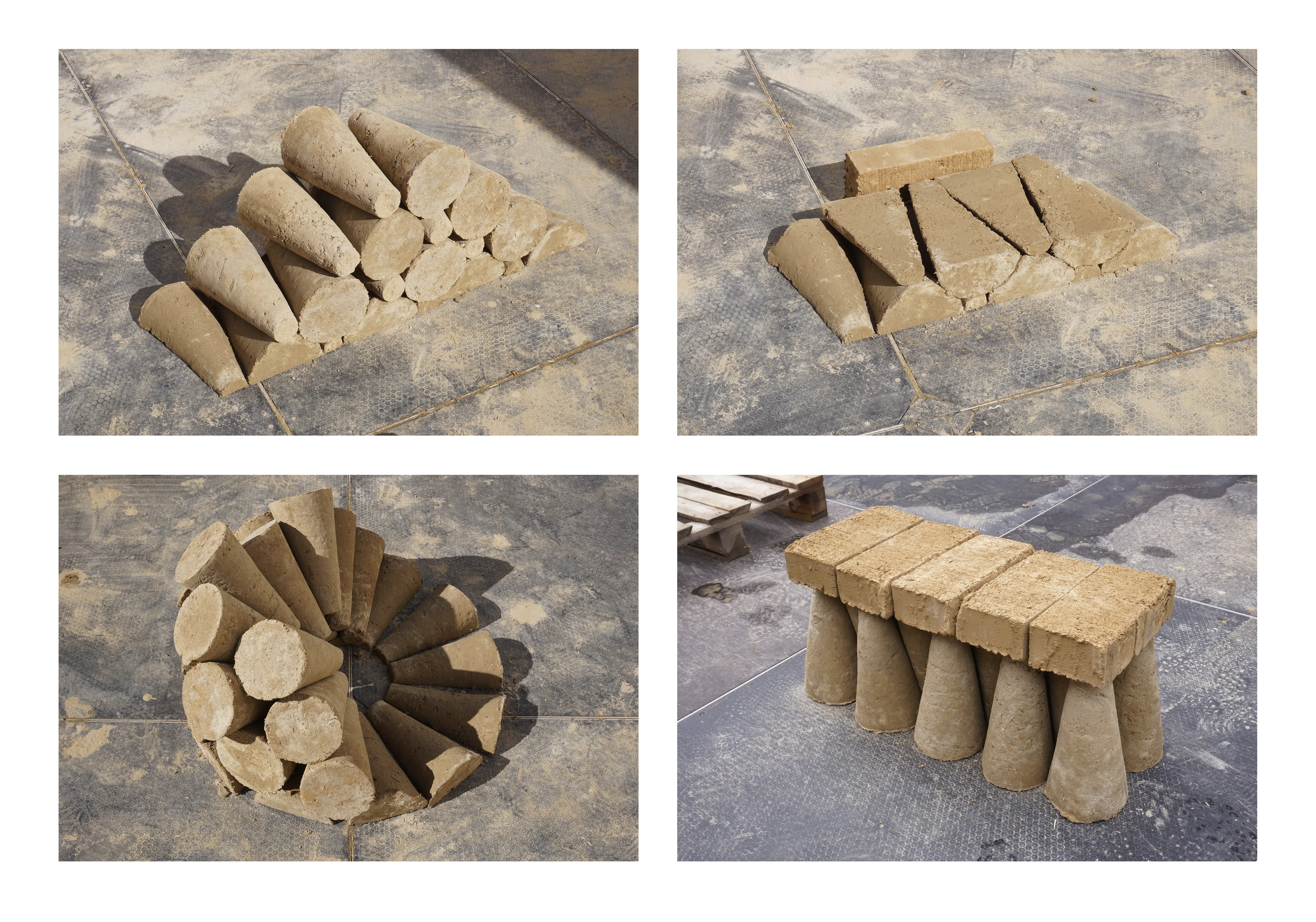 Cone-shaped raw-earth bricks assembled into different structures