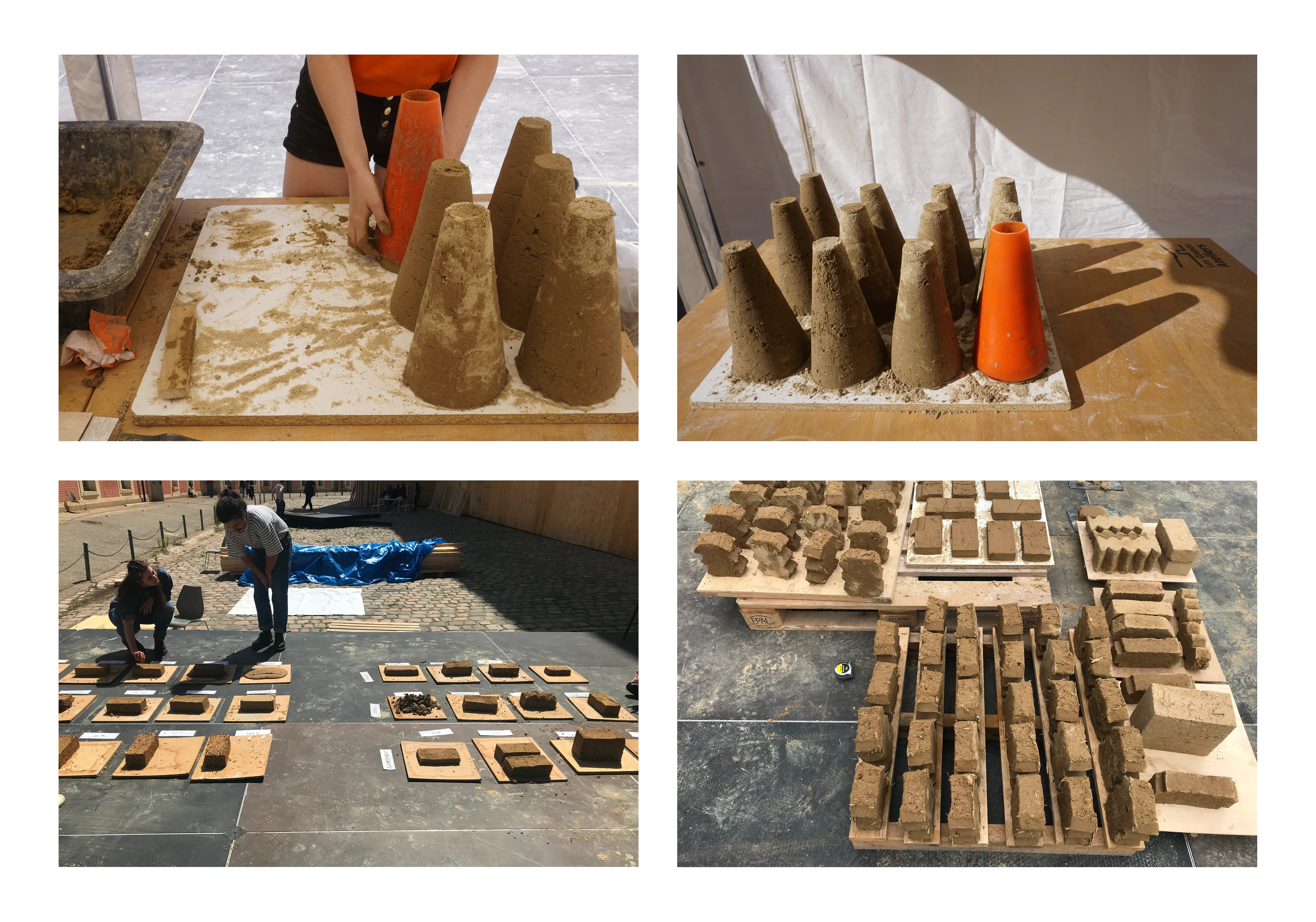 Making raw-earth bricks: conical mould, labelled mix tests and drying on pallets