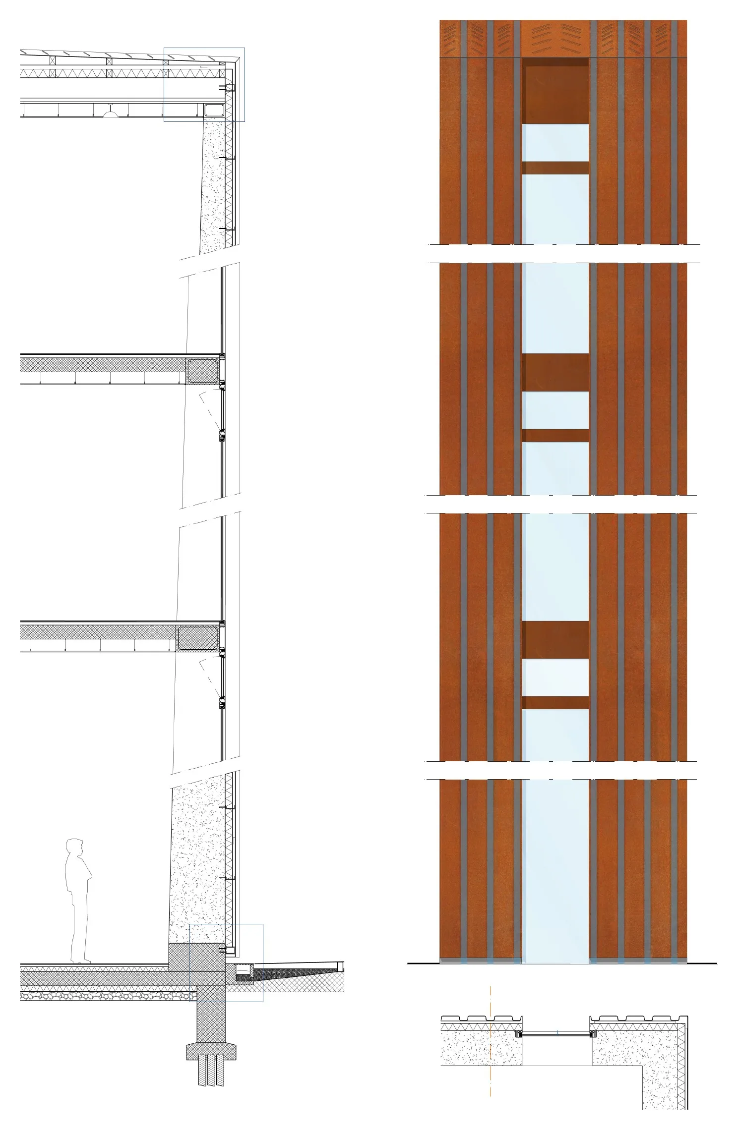 Coupe et élévation de la façade en acier Corten