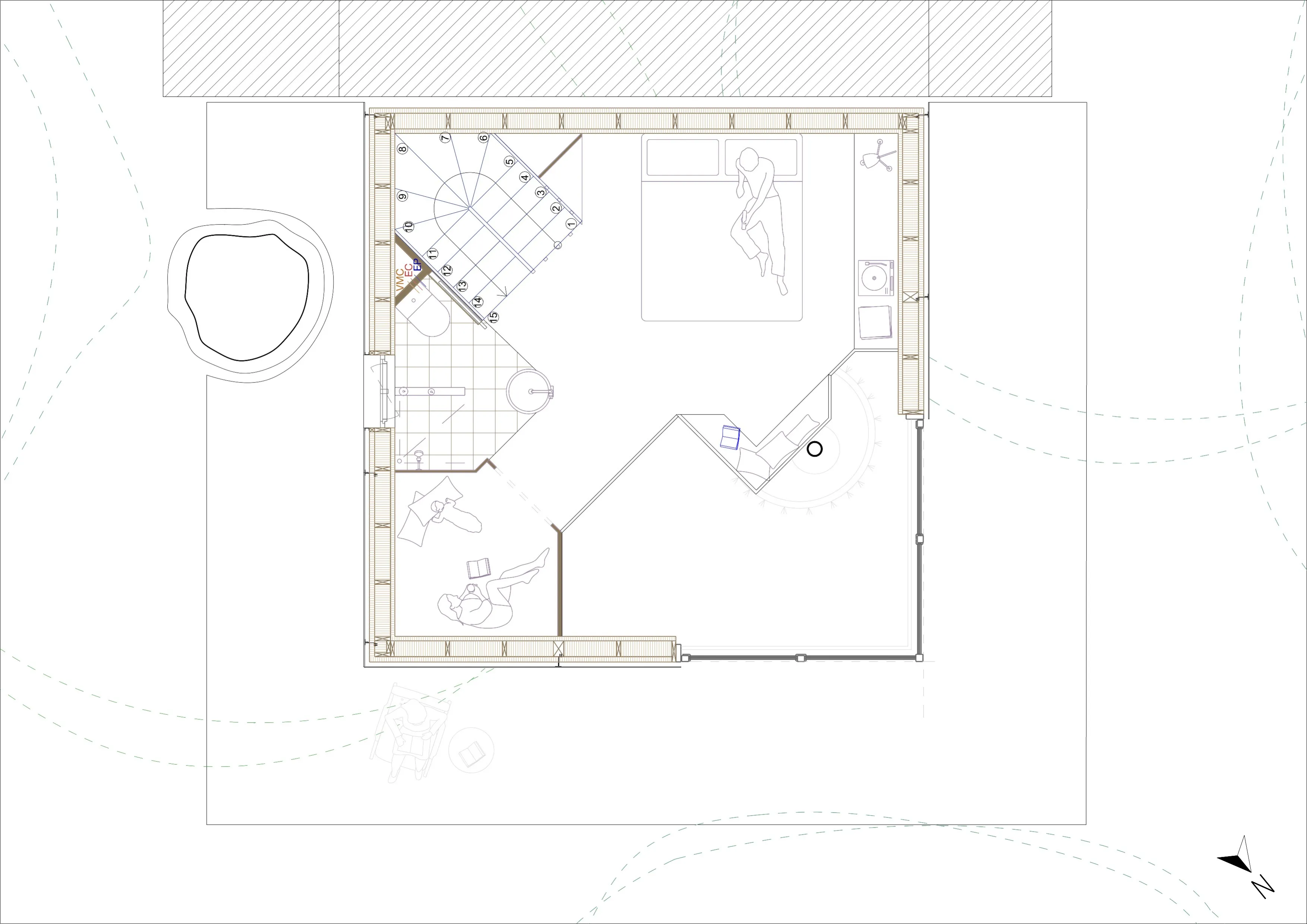 Plan de l'étage, mezzanine ouverte sur le vide du séjour