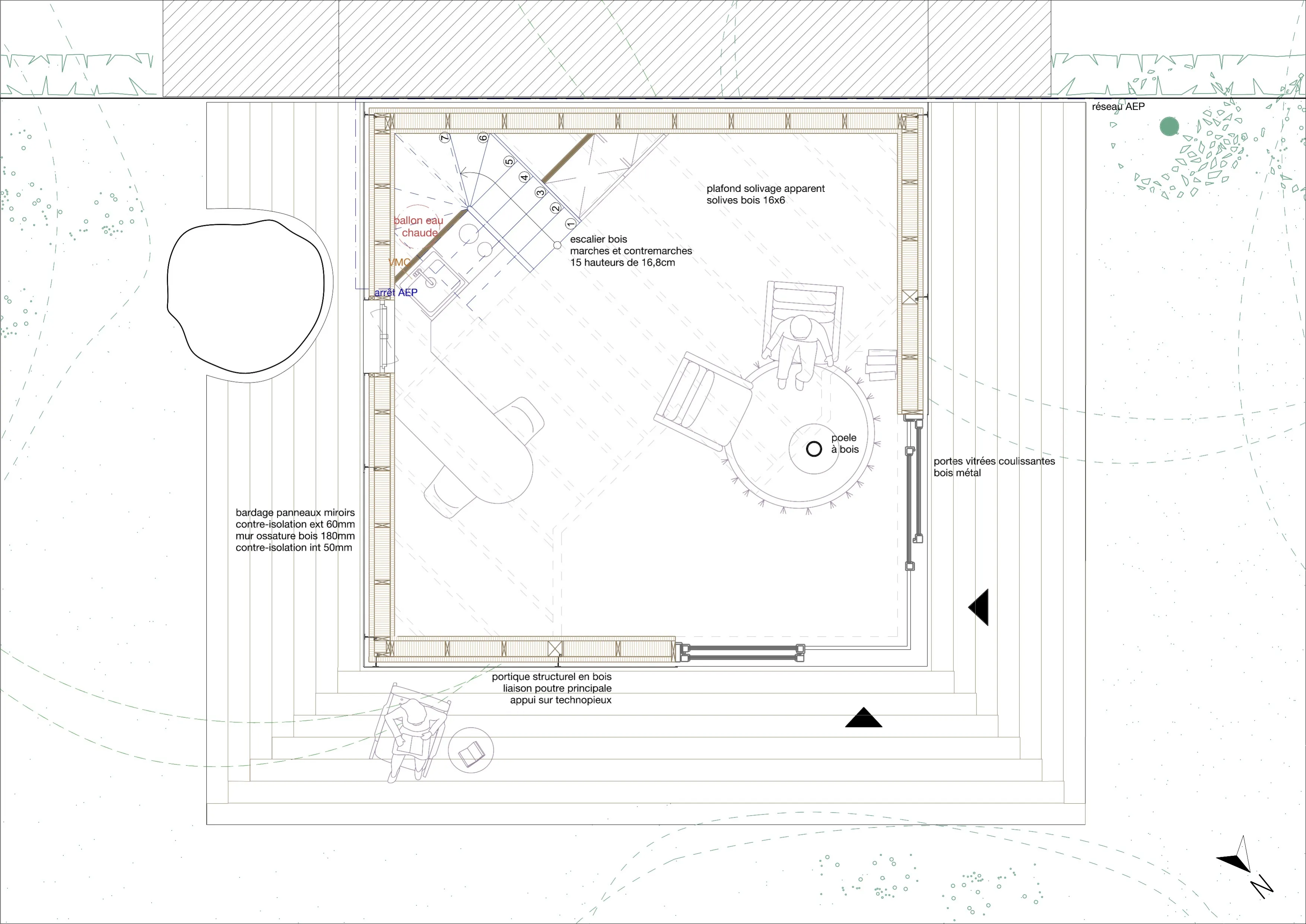 Plan du rez-de-chaussée, organisation en diagonale, escalier central et baie d'angle