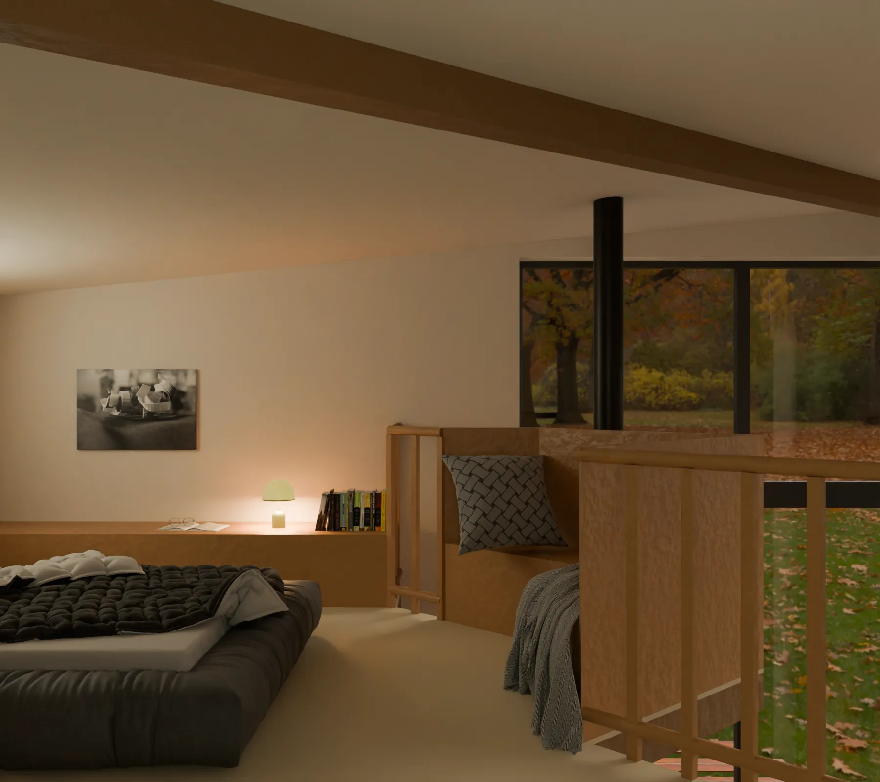 Vue intérieure depuis la mezzanine, ouverte sur la baie d'angle et la forêt